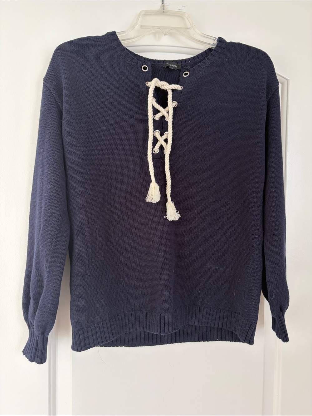 Talbots Navy Crewneck Sweater with Cream Lace-Up